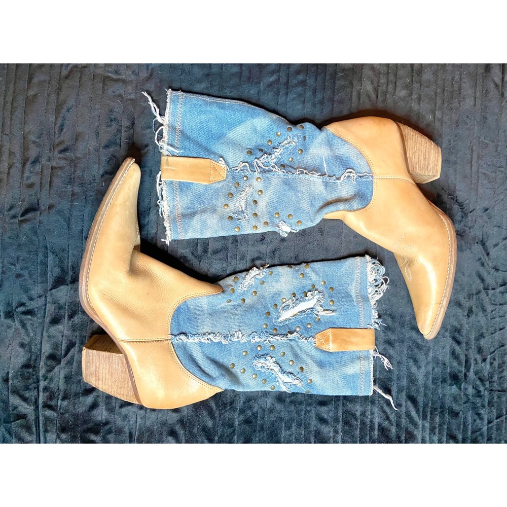 Penny Kenny Tan Leather Festival Denim Studded Western Cowboy Boots 7.5M